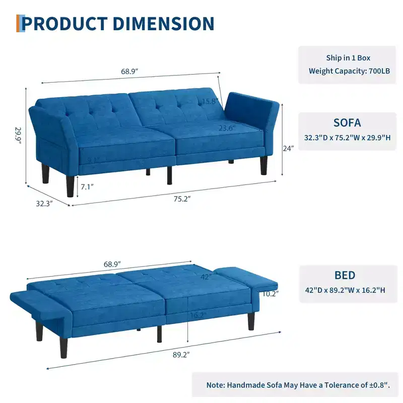 89 Inch Futon Sofa Bed, Modern Sleeper Couch with Adjustable Backrest & Armrest, Convertible Futon Couch for Living Room, Bedroom, Apartments