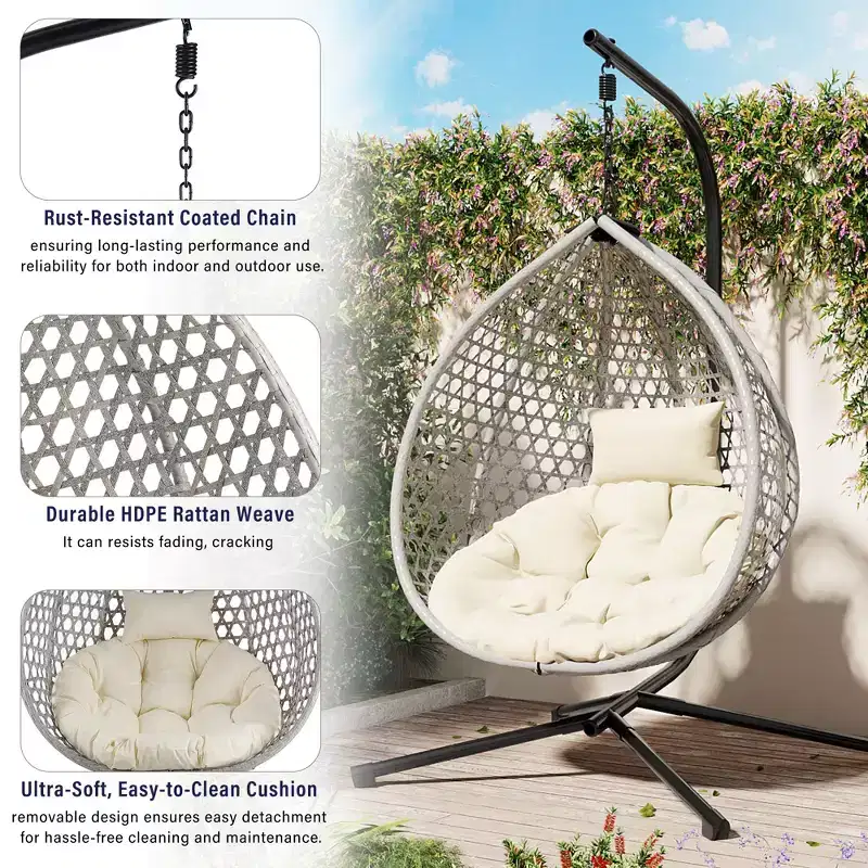 GDFStudio Anderson Hanging Egg Rattan Chair with Stand and Soft Removable Cushion