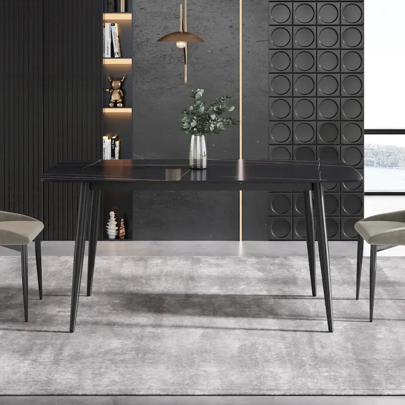 63-Inch Dining Table with Sintered Stone Tabletop and Metal Base
