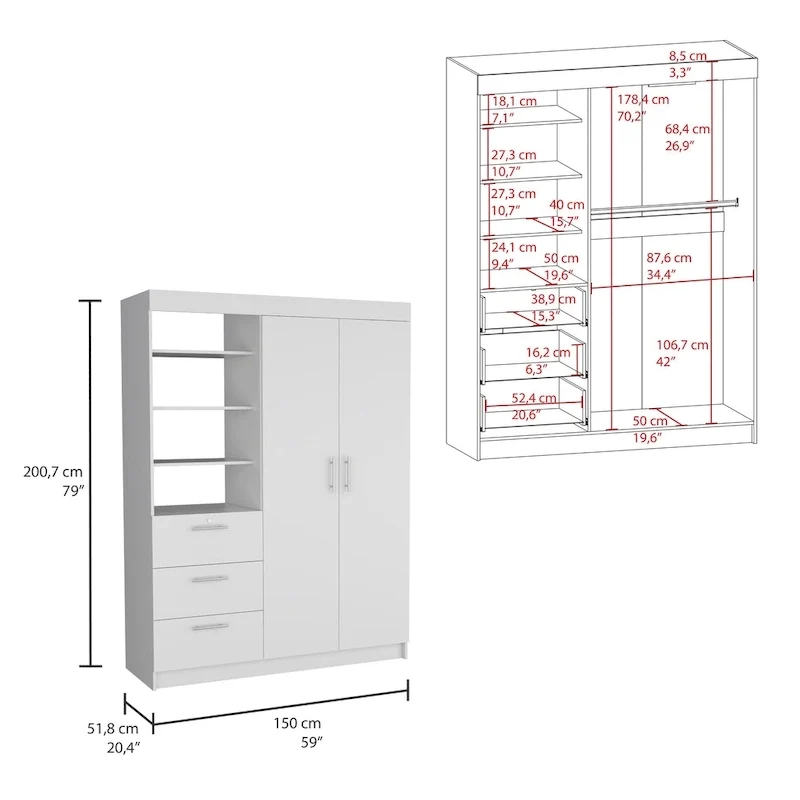 Kenya 3-Drawer Armoire with 3 Upper Shelves, 2 Hangers, Metal Handles, White - N/A