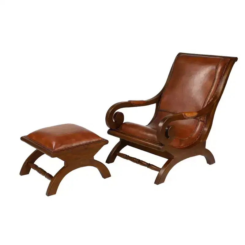 Traditional Teak Wood Accent Chair with Arms and Ottoman Brown - Olivia & May: Leather Upholstered, No Assembly Required