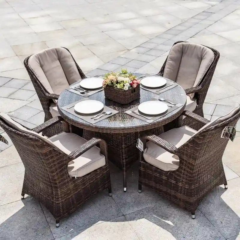 5-pieces Patio Wicker Round Dining Set with 4 Armchairs