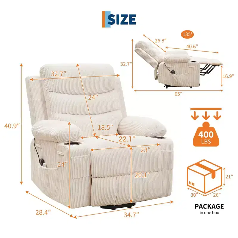 GustoWave Oversized Power Lift Recliner with Massage & Heat for Elderly, Big & Tall Reclining Chair, Single Lazy Boy Recliner Sofa