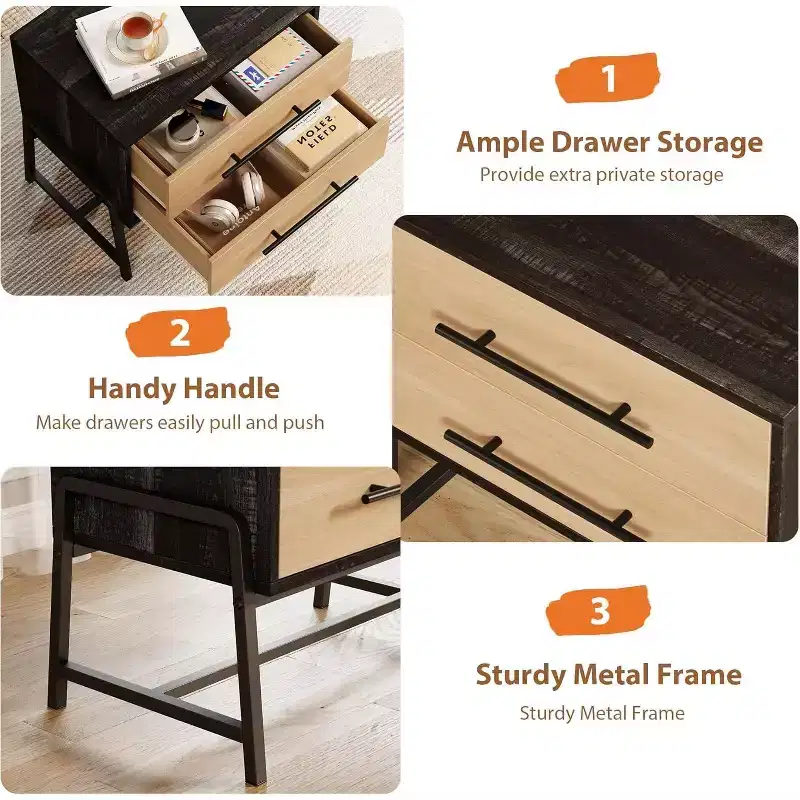 Acekool Rustic Nightstand Deep Brown & Wood Drawer 2-Drawer Bedside Table with Metal Legs for Bedroom Living Room