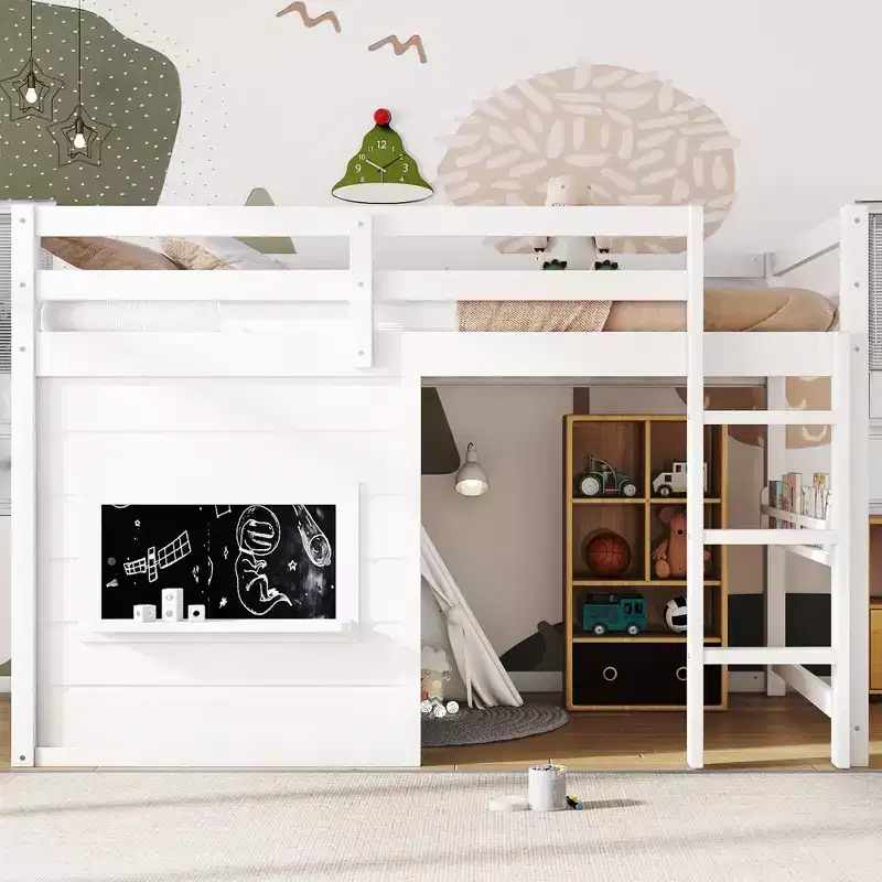 TUYOHW Kids Loft House Bed with Chalkboard,Twin/Full Wood Bed Frame with Play Space & Built-in Bookshelf,Pine Wood Cabin-Style Bunk for Boys,Girls
