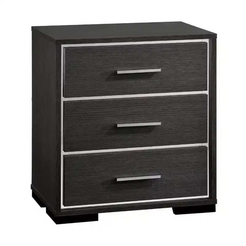 Royal Hampton Style Three Drawers Wooden Nightstand with Bar Handles, Dark Gray
