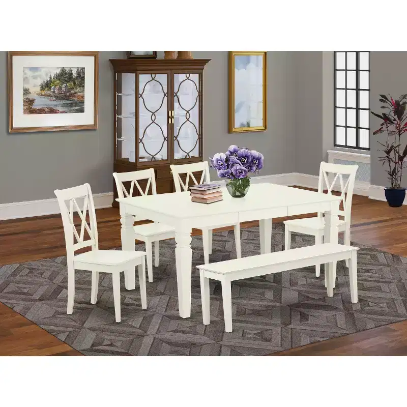 HomeStock 6 Piece Linen White Dining Room Furniture Set Rectangle Table and Chairs