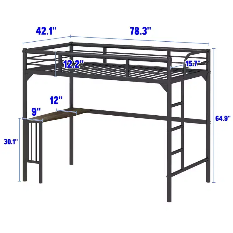 Bellemave Twin Metal Loft Bed with Desk, Ladder and Guardrails,bookdesk under bed , Black