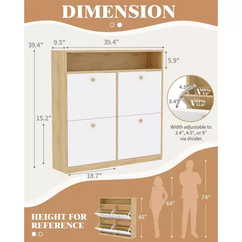 Shoe Storage Cabinet with 4 Flip Drawers, Freestanding Concealed Shoe Rack with Open Shelf, for Hallway, Living Room, Apartments