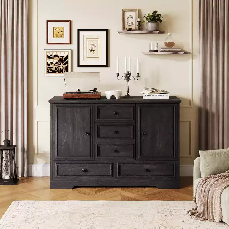 Farmhouse Sideboard Buffet Cabinet, Sideboard Storage credenza with 5 Drawers, 2 Doors, Wood Bar Cabinet, Buffet Table for Dining Room Living Room