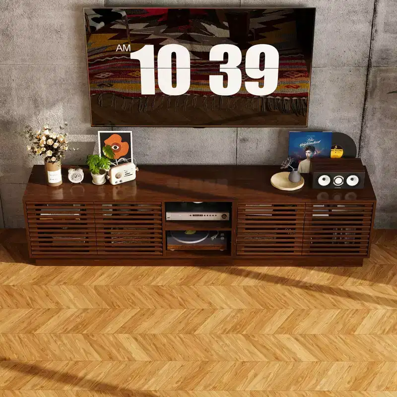 Rustic Brown Slatted-Door TV Stand Entertainment Center Media Console with Ample Storage
