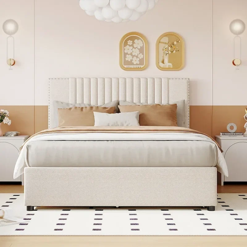 Linen Platform Bed – Gray / Beige, Foam Headboard, 2 Drawers & Trundle, Full / Queen, Sleeps 1