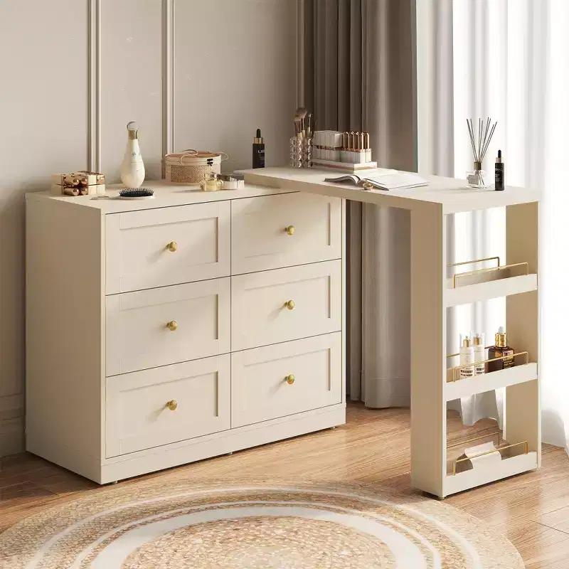 Heynemo 6-Drawer Extendable Corner Vanity Table and Dresser Combo with 3 Side Shelves, Makeup Vanity Desk, Wood Dressing Table for Bedroom