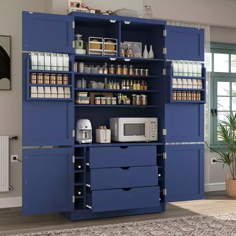 Tall Kitchen Pantry Cabinet with Power Outlets, Large Freestanding Cupboard with Microwave Stand, Drawers, Shelves, Wine Racks & Door-Shelf