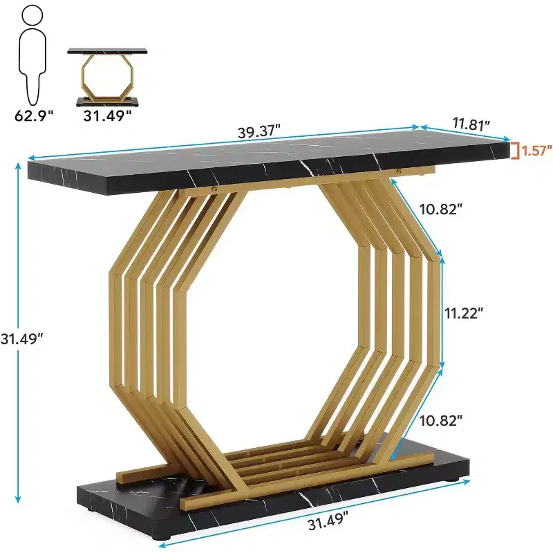 40-Inch Gold Console Table, Faux Marble Entryway Narrow Sofa Table with Geometric Metal Base for Living Room, Hallway, Foyer, Black