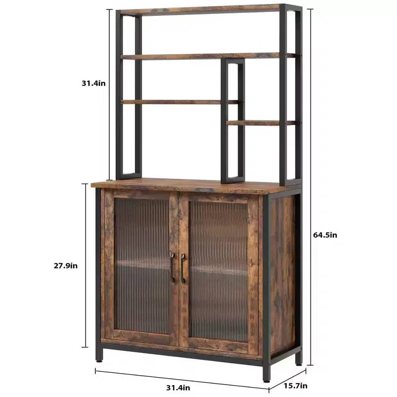 Vintage 5-Tier Bakers Rack with Cabinet & Microwave Stand, 63.78 Kitchen Storage Shelf with Hooks & Door, Large Coffee Bar Station