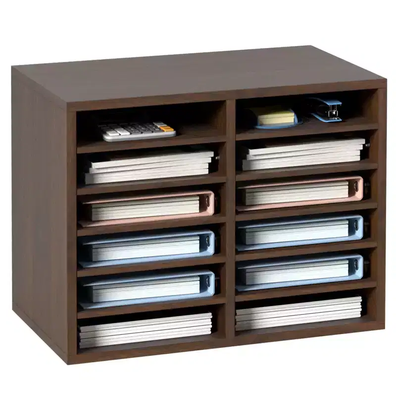 12-Compartment Wood Literature Organizer with Adjustable Shelves