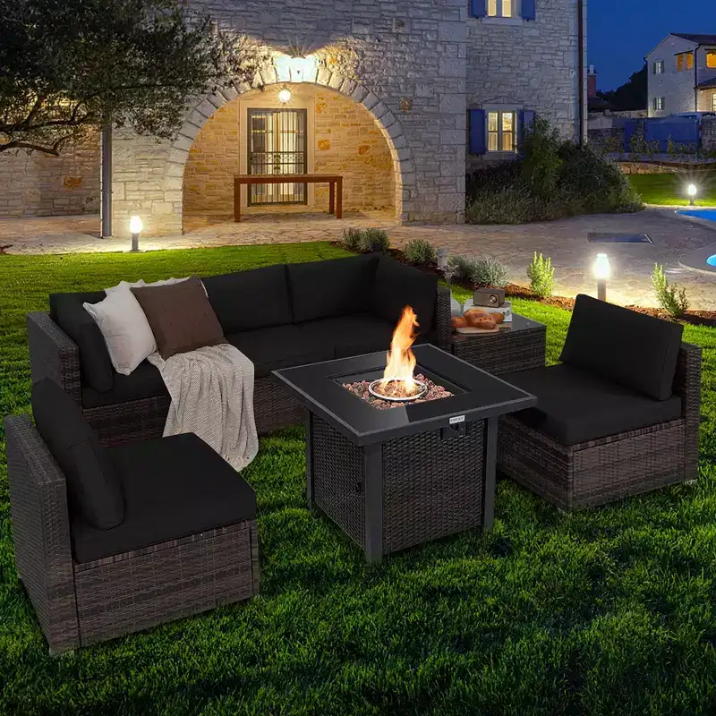 Costway 7PCS Patio Rattan Furniture Set Fire Pit Table Cover Glass Top Cushion Off White\Black\Navy\Red\Turquoise