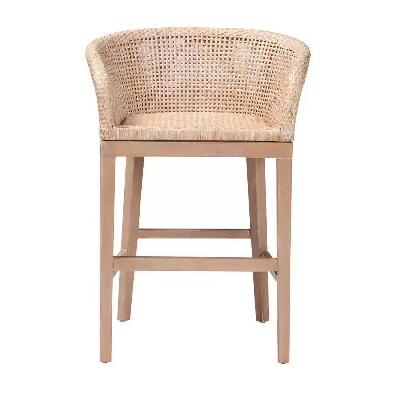 Papua Rattan and Mahogany Wood Counter Height Barstool Antique White Wash/Light Brown