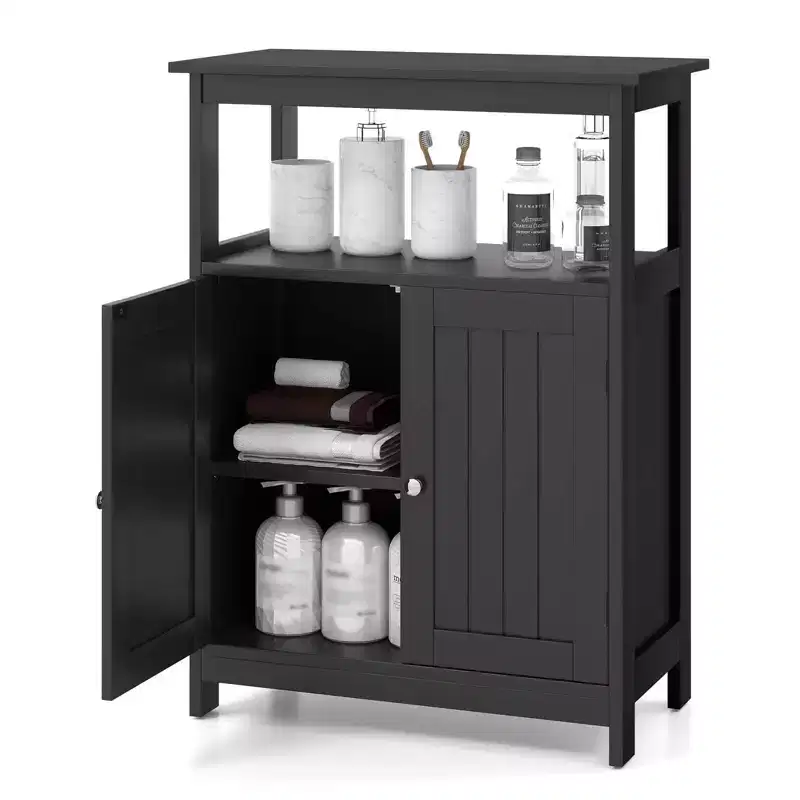 Bathroom Floor Cabinet Freestanding Storage Organizer with 2 Doors Open Compartment Black/White