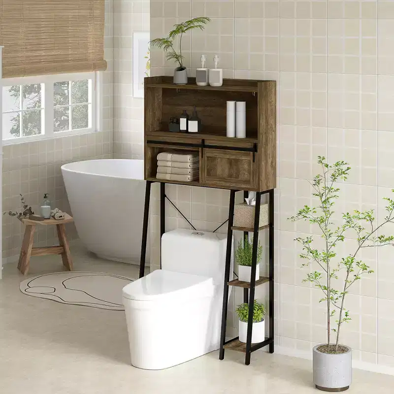 HOMCOM Over the Toilet Storage Cabinet, Over Toilet Bathroom Organizer with Sliding Door, 3 Storage Compartments and 4 Open Shelves