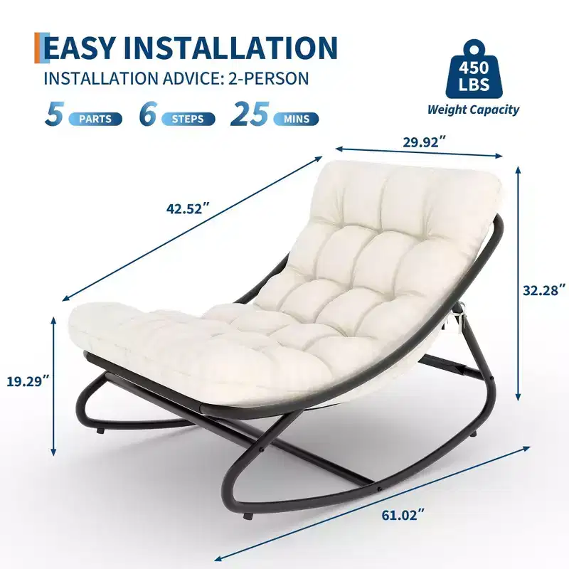 Oversized Papasan Rocking Chair – White Indoor/Outdoor Egg Chair with Thick Cushion (450 lbs Capacity)