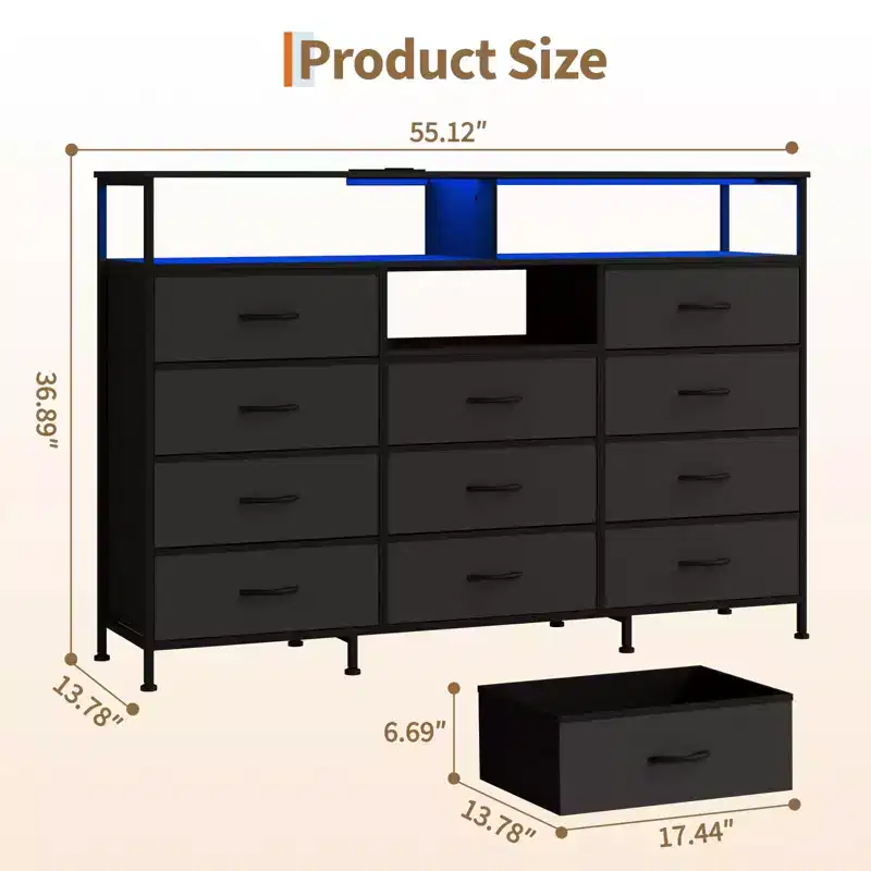 COZONY 55 TV Stand Fabric Dresser with 11 Drawers & Open Shelves, Storage Chest Organizer for Bedroom Living Room
