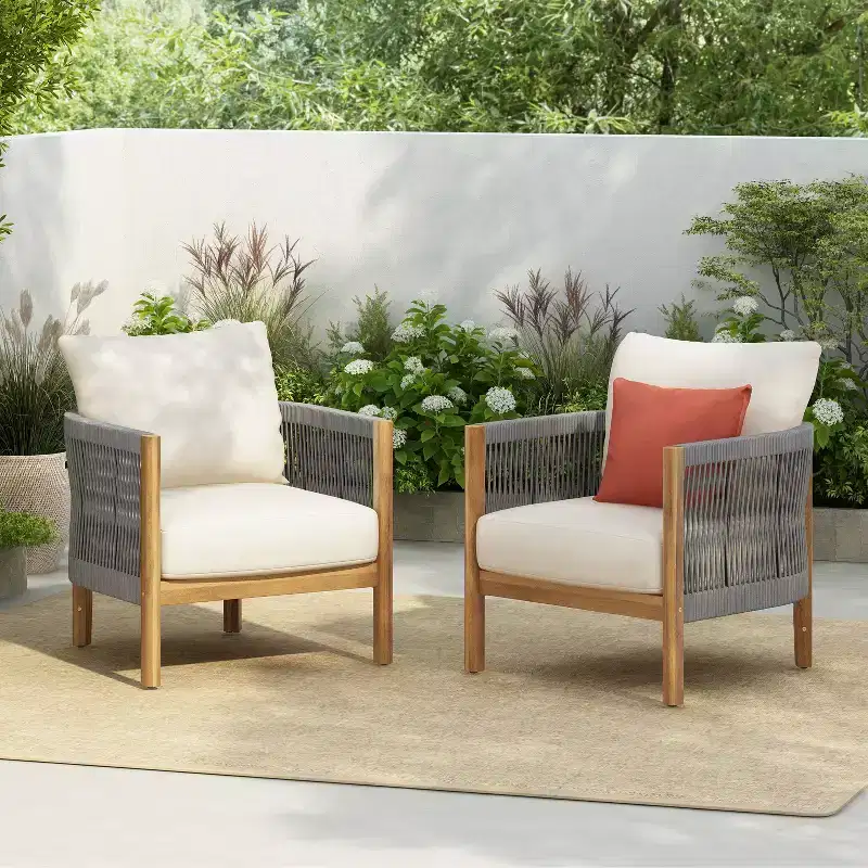 Christopher Knight Home Celeste Patio Rope Weaving Acacia Wood Upholstered Club Chair (Set of 2)