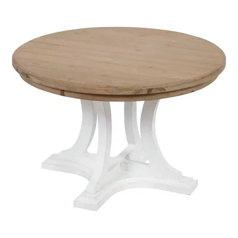 Round Wood Coffee Table, Rustic Brown & White, Criss-Cross Base