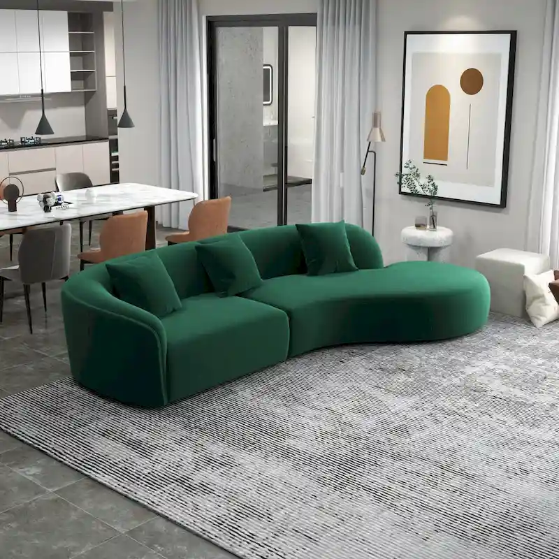 Gold / Dark Green Velvet Curved Tufted Sofa – 2-Seat