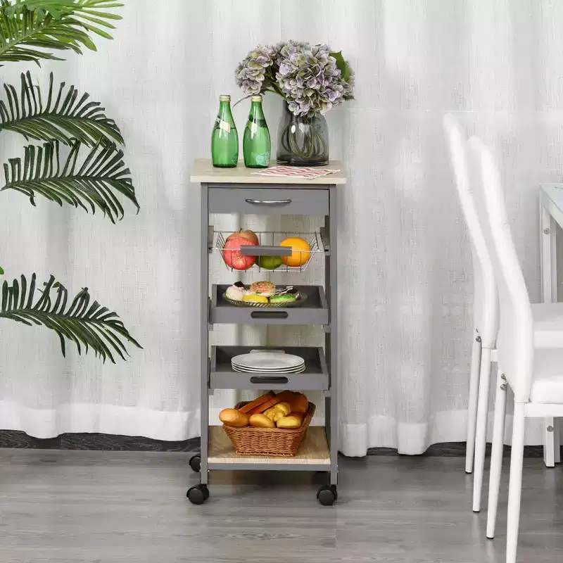 Mobile Rolling Kitchen Island Trolley Serving Cart with Underneath Drawer & Slide-Out Wire Storage Basket