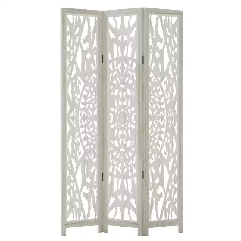 Carved Floral Wood Room Divider – 3-Panel Folding Privacy Screen, White