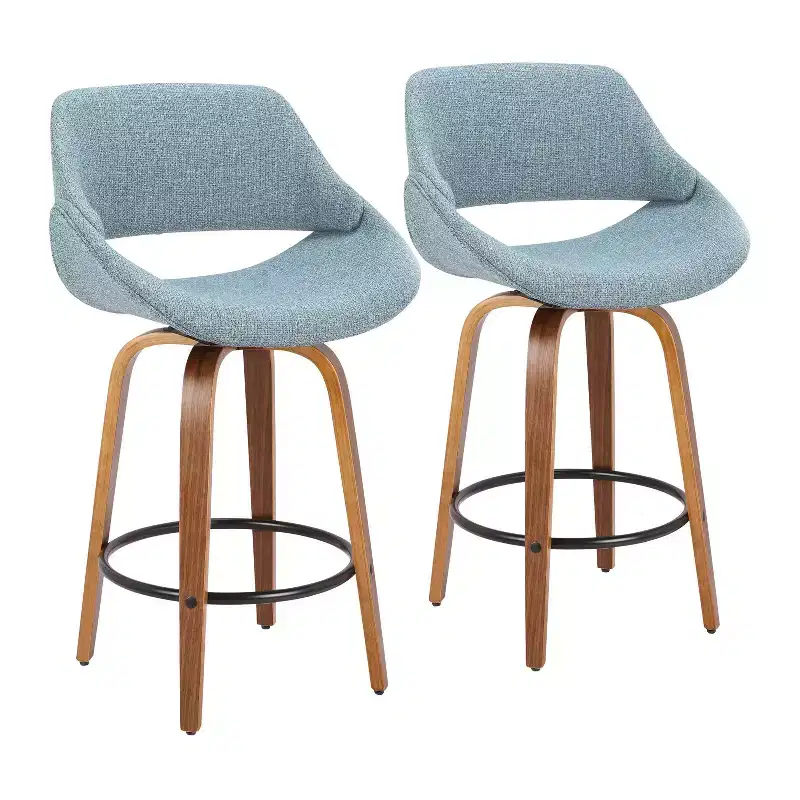 LumiSource Set of 2 Fabrico Mid Century Modern Counter Height Barstool Walnut/Blue:: Swivel, Polyester Upholstery, Wood Legs