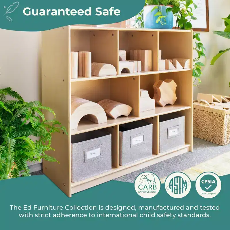Guidecraft EdQ 3-Shelf 8-Compartment Storage 36: Wooden Cubby Cube Bookshelf Organizer, Home and Classroom Bookcase with Fabric Bins