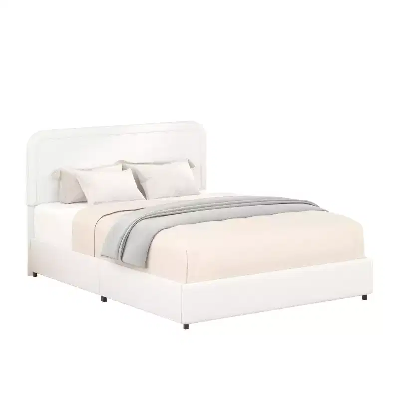 GDFStudio Ross 4-Drawer Storage Upholstered Queen Curved Stitched Bed with Adjustable Headboard Height, Ivory