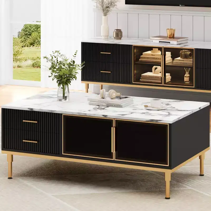 Faux Marble Coffee Table Modern - 4 Drawers & Glass Doors Storage, Sliding Cabinet + Hidden Compartment/Shelf for Living Room/Reception Room
