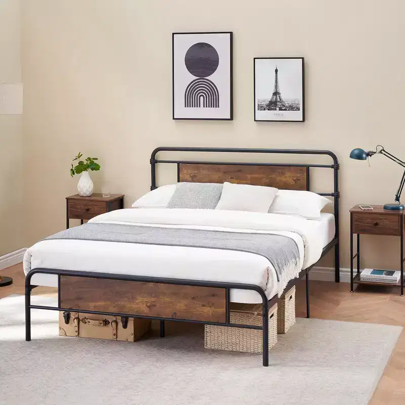 Queen Size Platform Bed Frame with Rustic Vintage Wood Headboard, Mattress Foundation, Strong Metal Slats Support, No Box Spring Needed