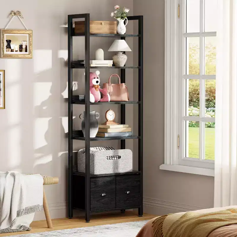 6 Tier Industrial Tall Bookcase with Two Storage Drawers Wood Metal Freestanding Bookshelf Display Organizer Shelf for Home Office Bedroom Black Oak