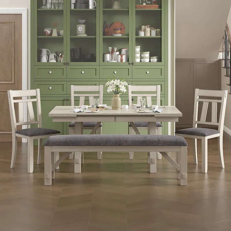 VECELO Dining Table Set with Bench, Solid Wood Rectangular Extendable Dining Table & Solid Wood Dining Chairs
