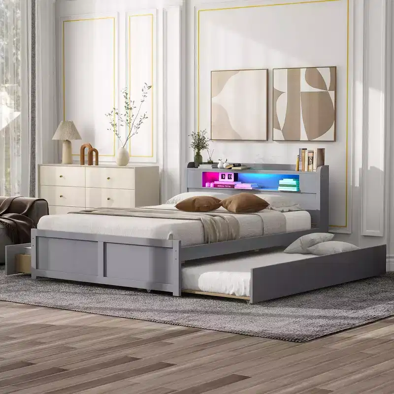 Queen Size Platform Bed with Trundle, 2 Storage Drawers and LED Headboard
