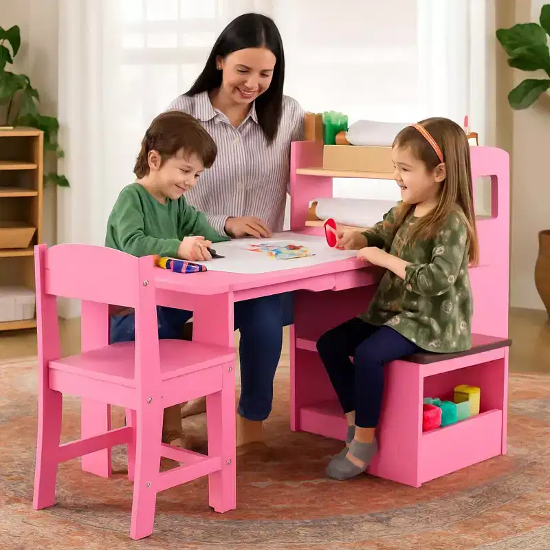 Art Table and Chairs Set, Wooden Activity Desk with Large Storage, Multi-Functional Art Desk