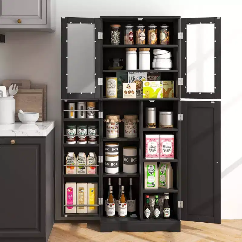 Costway 63.5 Tall Kitchen Pantry Storage Cabinet with Glass Door Storage Shelves Black/White