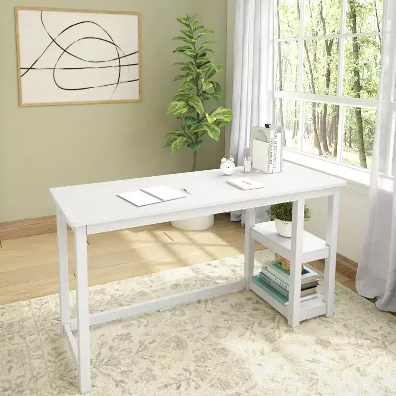 Solid Wood Desk with Bookshelves for Computer, Gaming, Study, Desk for Home Office, 55