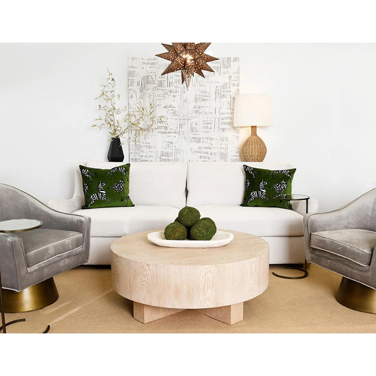 Scandinavian Cerused Oak Coffee Table with Thick Round Top & Cross Base for Living Room