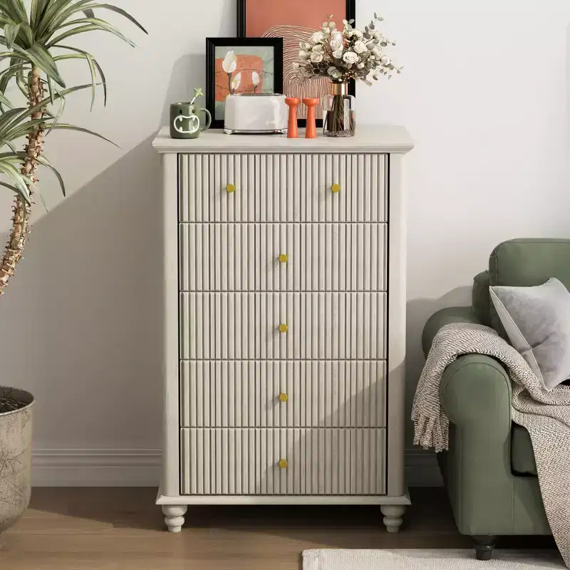Okak Modern Style Tall Dressers with Fluted Drawers,Chest of Drawers for Bedroom,Entryway,Wooden Dresser Organizer with Metal Handle