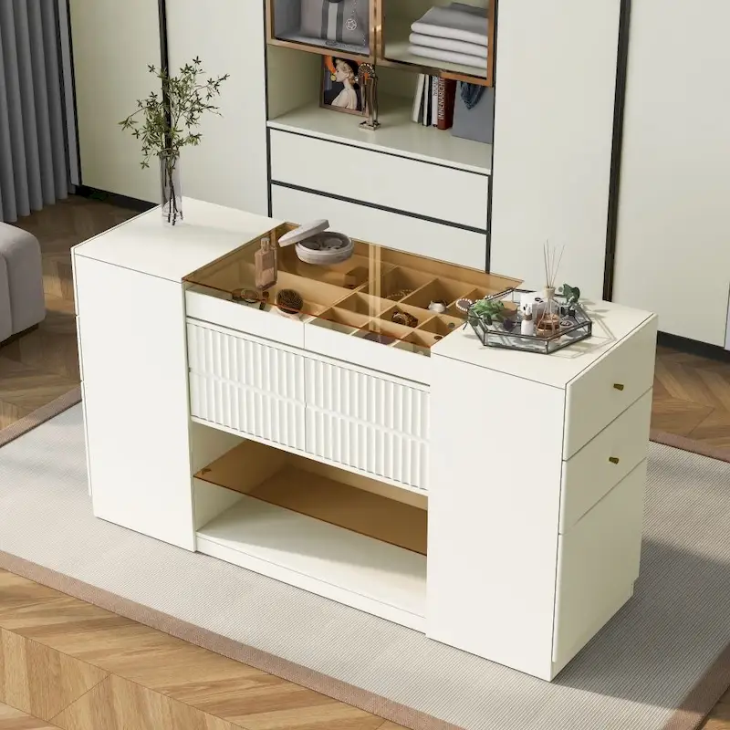 6-Drawer Dresser with Glass Top & Open Shelves – Cream White, Modern Island Style