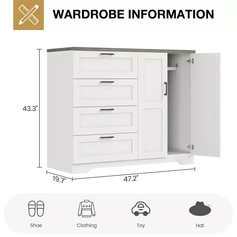 43.3 H Armoire Wardrobe Closet with 4 Drawers and 2 Doors, Hanging Rod, Wooden Dresser with Storage Closet