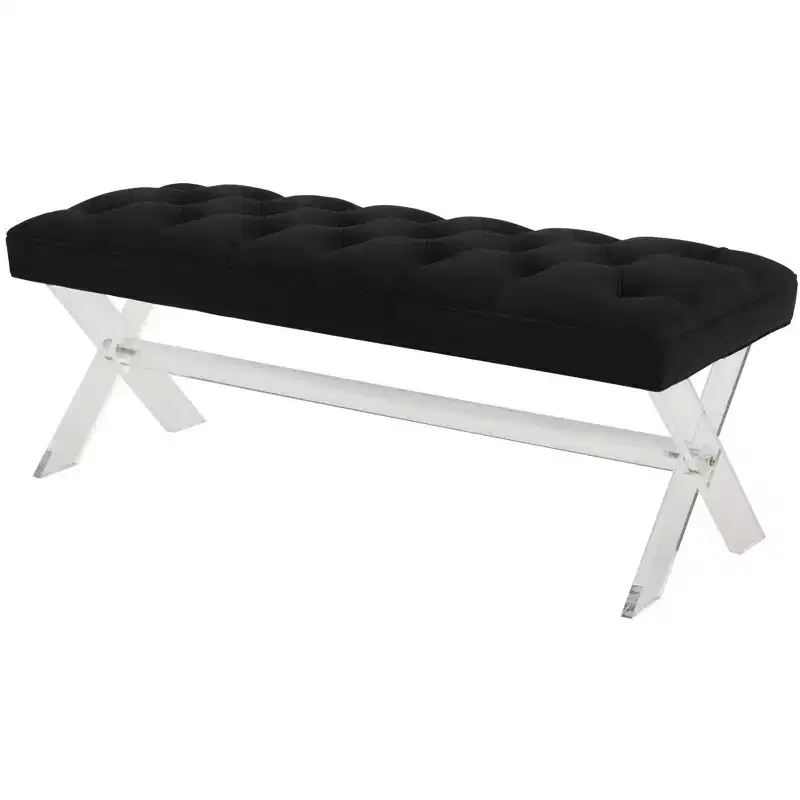 Black Tufted Velvet Bench – Clear Acrylic Legs, Seats 2
