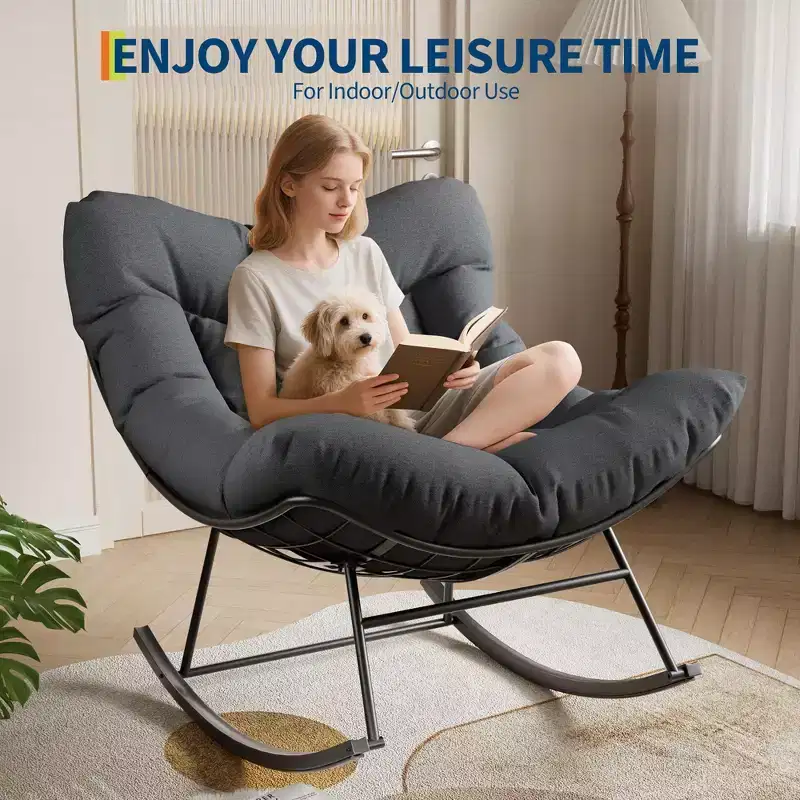 TROPOW Outdoor Papasan Rocking Chair, Oversized Patio Wicker Egg Chair with Soft Thick Cushio, Lounge Rocker, Comfy Reading Chairs for Balcony