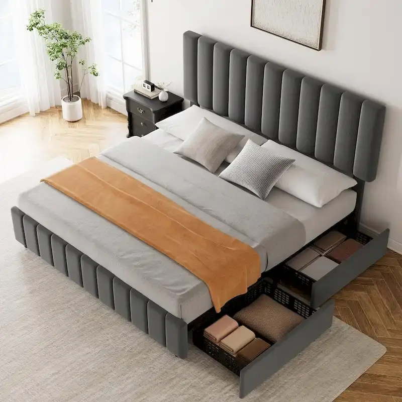 Platform Bed Frame with 4 Storage Drawers and Adjustable Headboard